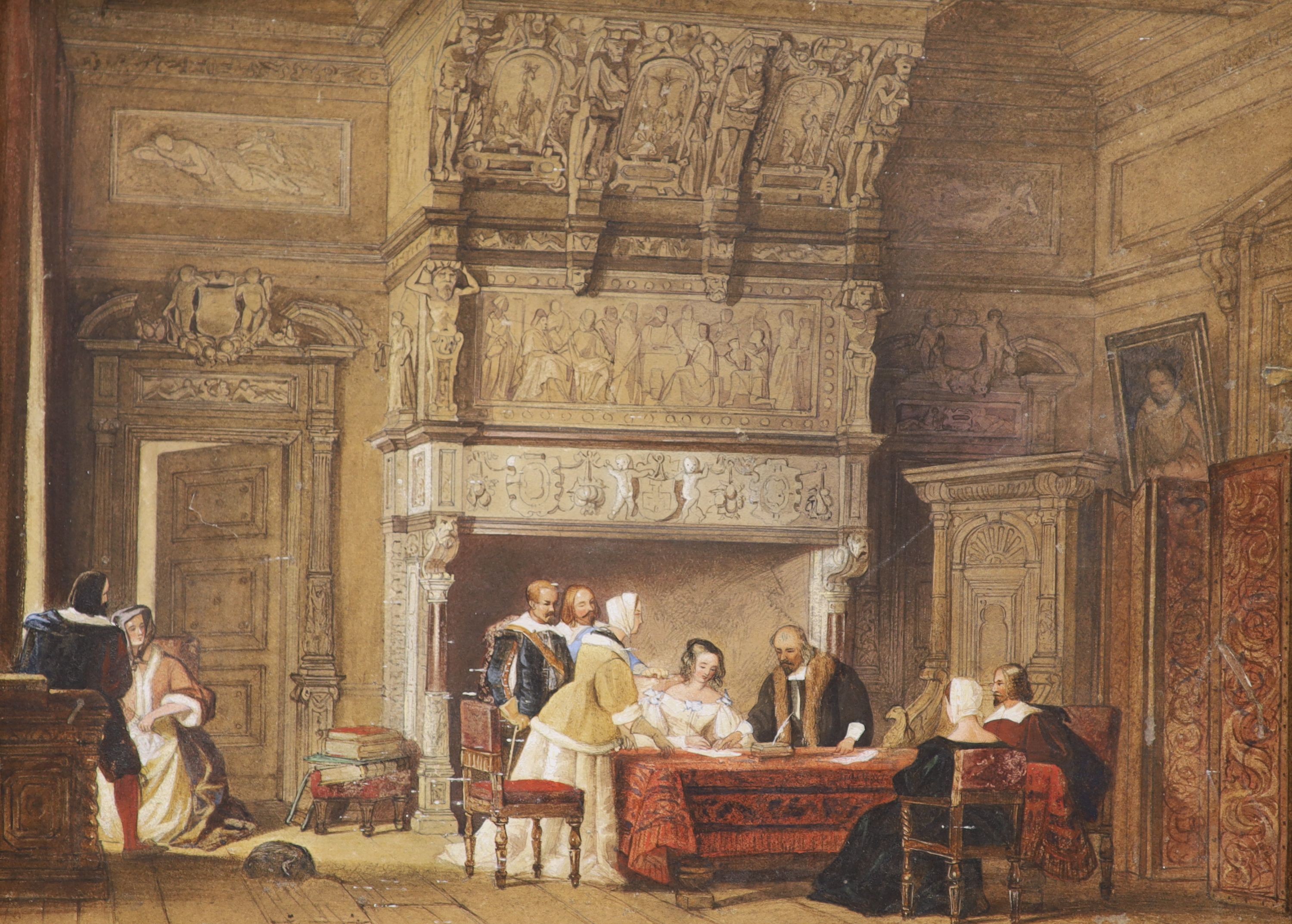 Victorian School, watercolour, 17th century interior with woman signing documents, 28 x 37cm